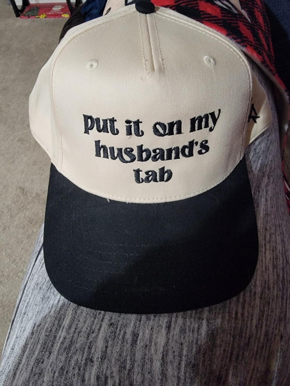Unbranded Two-Tone 'Put It On My Husband's Tab' Baseball Cap - Cream & Black